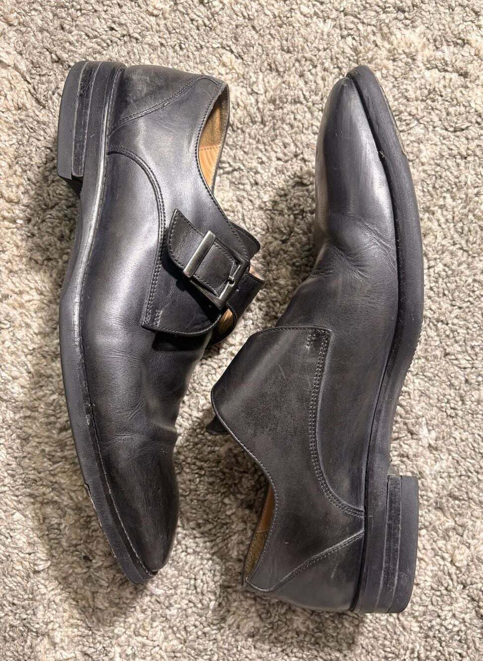Paul Fredrick Men's Black Leather Monk Strap Shoes with Vibram Soles